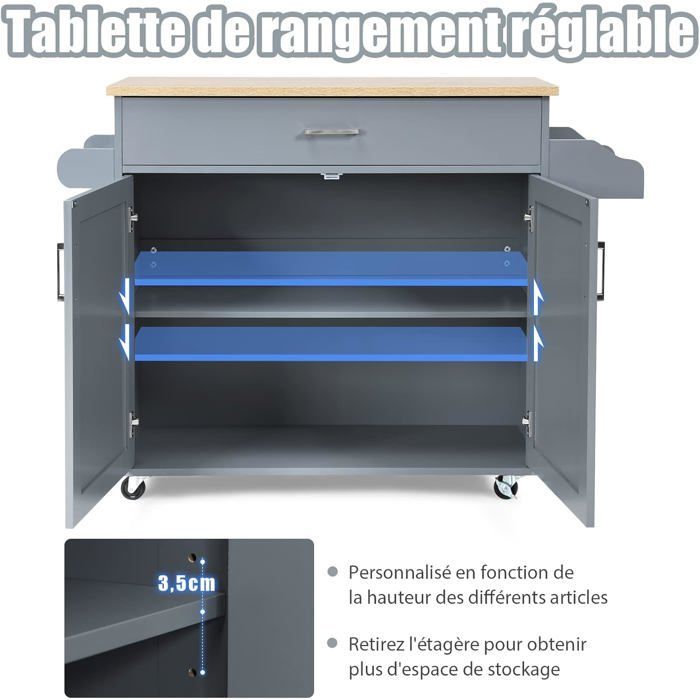 COSTWAY Desserte de Cuisine, Bîlot de Cuisine à Roulettes avec Grand Placard, Tiroir, Porte-Epices et Porte-Serviettes Gris