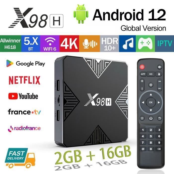 Android TV box Boitier iptv X98H Lecteur Multimédia de Diffusion en continu Android 12.0/Boîte TV 4K 64 Bits WiFi6 2 GO+16 GO
