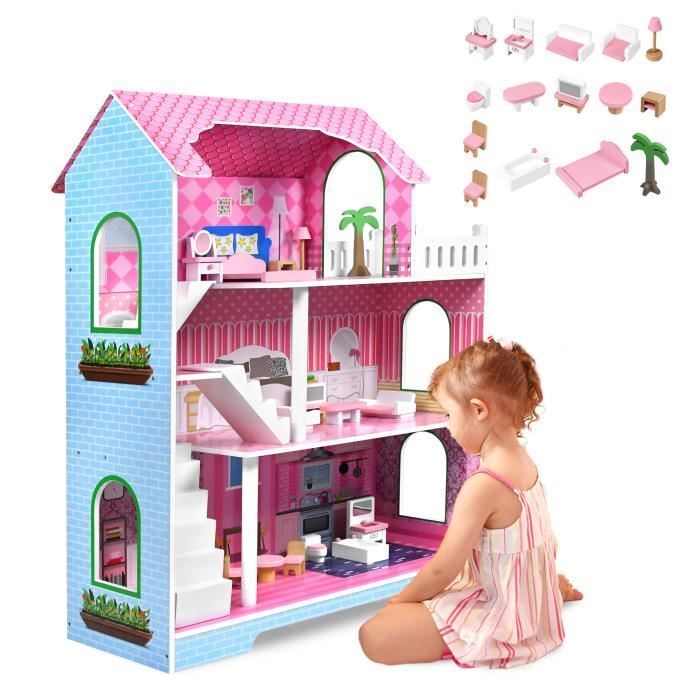 Casa de muñecas - XMTECH - Modelo B - 3 plantas - 15 piezas de mobiliario - 100x70x36 cm