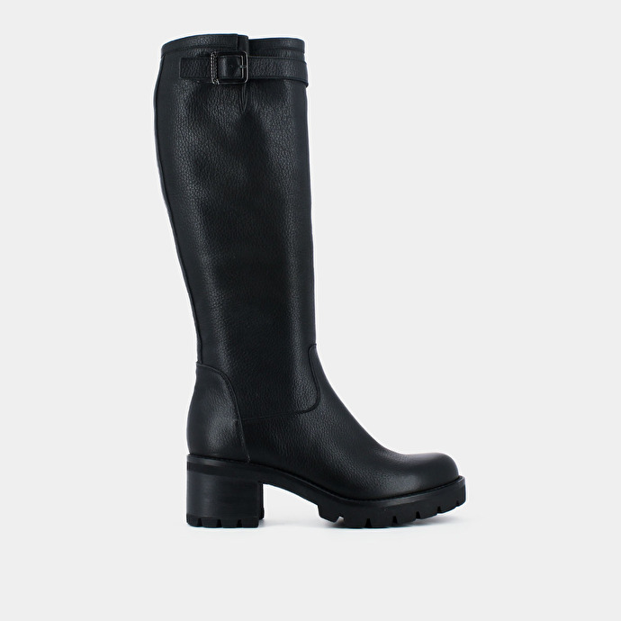 Bottes à semelles crantées et boucles  en cuir grainé noir
