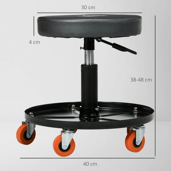 Taburete de mecánico - HOMCOM - asiento giratorio - altura regulable de 38 a 48 cm - plataforma de 100 kg - tapicería sintética - negro