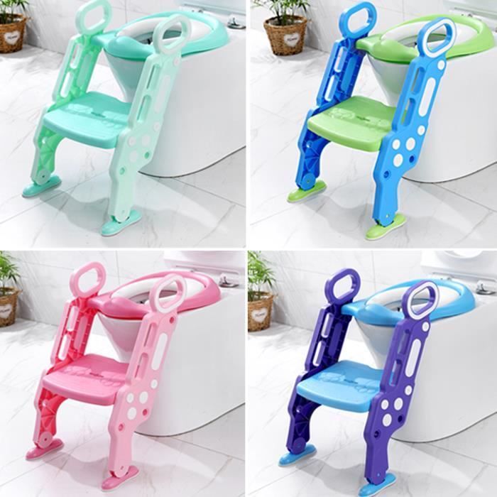 Reductor de asiento de inodoro para bebés y niños, escalera plegable ajustable con peldaños anchos - Asiento de inodoro cómodo, AZUL VERDE