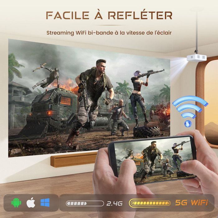 Netflix Built-in Aurzen Eazze D1 4K Mini Smart Projector with 5G WiFi, Bluetooth, Auto Focus/Keystone Correction, Dolby Audio, White