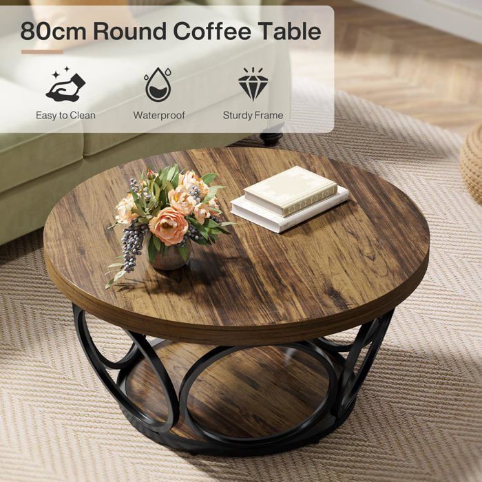 Tribesigns Table Basse Ronde 2 Niveaux, Table de Salon Bois 80 cm, Structure en métal, Industriel Style, Marron Rustique