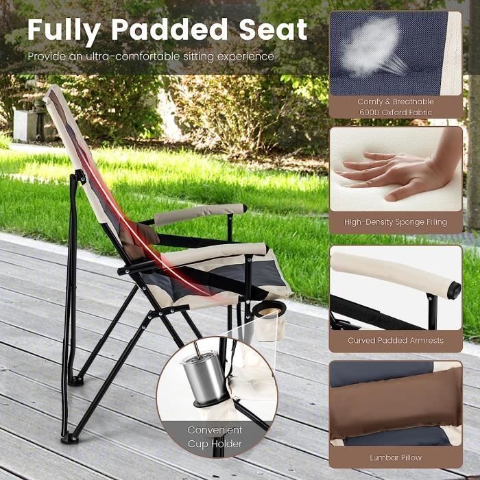 Silla plegable de camping GOPLUS con cojín lumbar y portavasos, silla acolchada con capacidad de carga de 150 kg, para picnics y pesca.