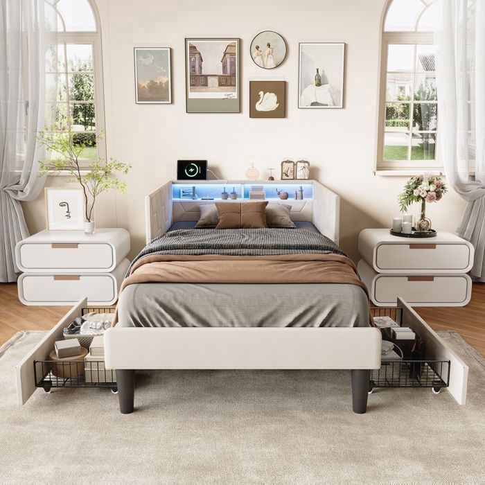 Divano letto convertibile - Click Clack - Velluto beige - 2 cassetti e vano portaoggetti - LED RGB e USB Type-C