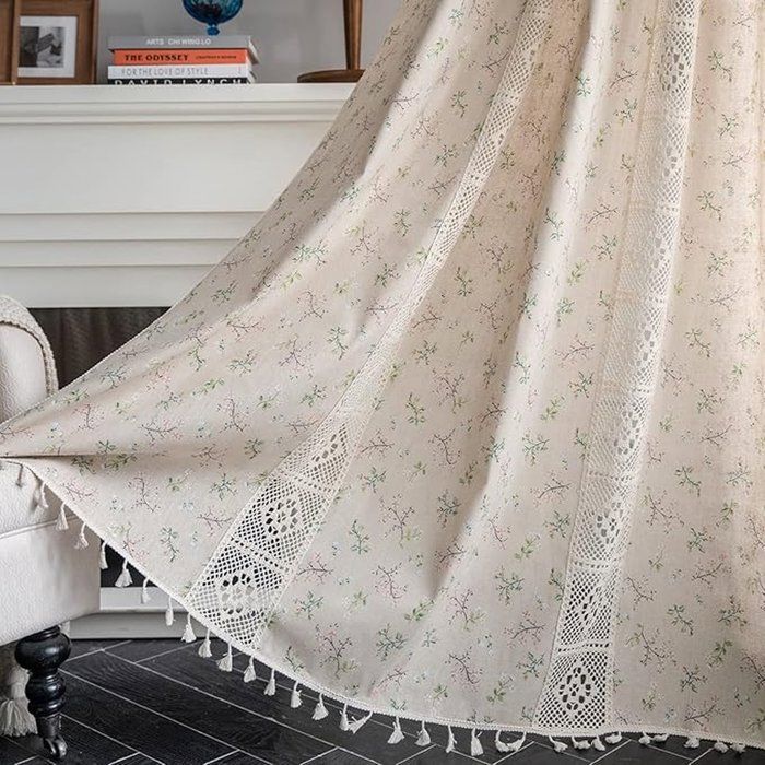 Floraweg Boho curtain, hooks, lace patchwork, semi-blackout, floral print, for living room or bedroom, 150 x 220