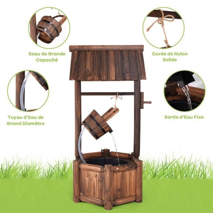 Fuente de jardín de madera para exteriores COSTWAY de 60x57x115 cm con bomba eléctrica, caudal de 300 L/h y cubo colgante con manguera transparente.