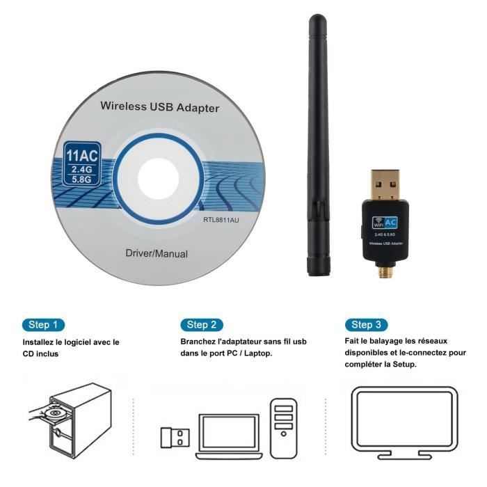 Dongle WiFi 600Mbps, Clé WiFi Adaptateur USB 4G pour PC Windows etc