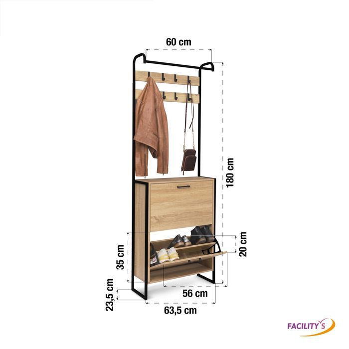 Vestiaire d'entrée avec porte manteau et range chaussures effet bois et métal
