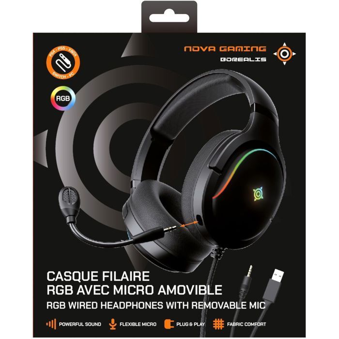 Wired gaming headset - NOVA GAMING - Borealis - Detachable microphone - RGB LED - Black