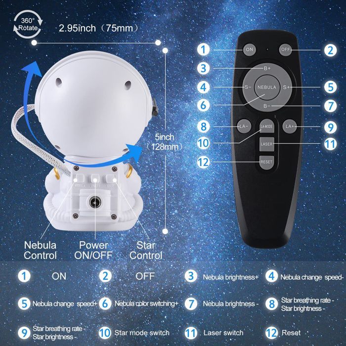 Astronaute Projecteur ciel etoile avec Nébuleuse et Étoile, Minuterie, Télécommande et Angle Réglable pour les enfants