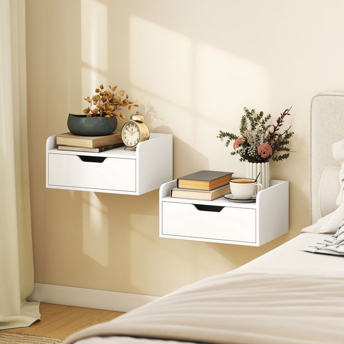 Lot de 2 tables de chevet murales - HOMCOM - tables de nuit suspendues - tiroir coulissant, plateau - 40L x 30l x 19,5H cm - blanc