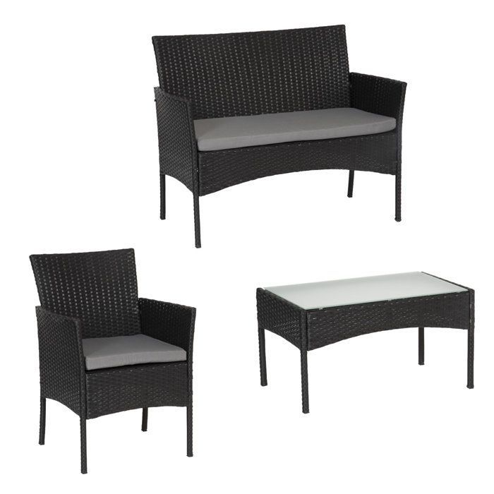 Conjunto de muebles de jardín CORDOUE de 4 plazas en resina tejida negra con cojines grises.