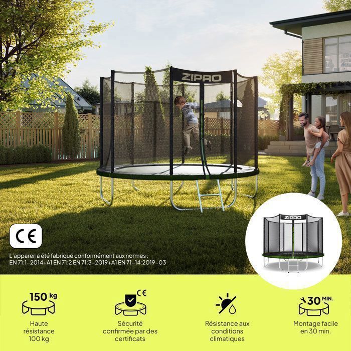 Trampolino da giardino ZIPRO JumpPro OUT – Rete di sicurezza, capacità di carico 150 kg, diametro 252 cm (8 piedi) – Resistente e stabile