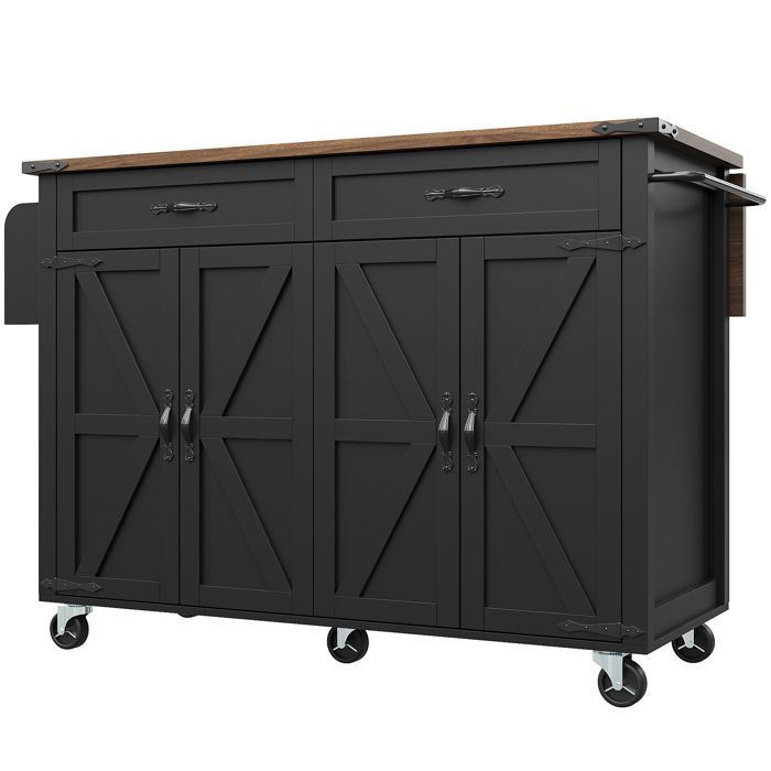 Buffet de Cuisine avec Roulettes ,2 Tiroirs 4 Portes,Plan de Travail,MDF,étagère à épices,Porte-Serviettes,140x73x93cm,Noir