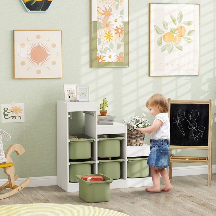 Children's Toy Storage Unit - AIYAPLAY - with 6 Removable Bins - 3 Storage Levels - 96 x 38.5 x 90 cm - Green