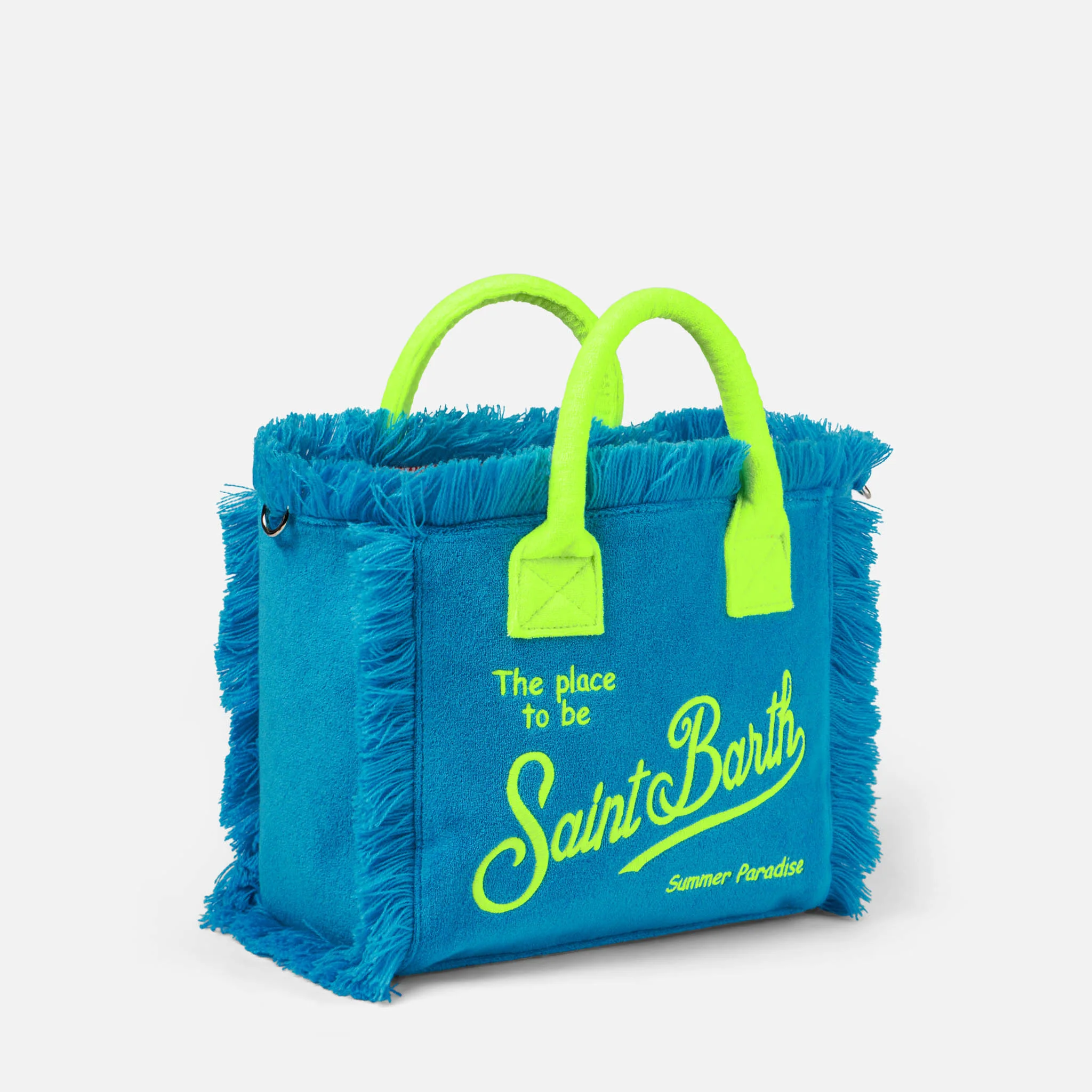 Colette turquoise badstof handtas met franjes | Geel Saint Barth-logo | Binnenklep met metalen ritssluiting | Binnenvak met ritssluiting | 100% katoen
