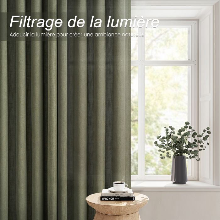 Topfinel Rideau Voilage Fenetre Semi-Transparent Avec Œillets Rideau Lin Vert Olive 140x240cm Rideau Occultant Thermiques Lot de 2