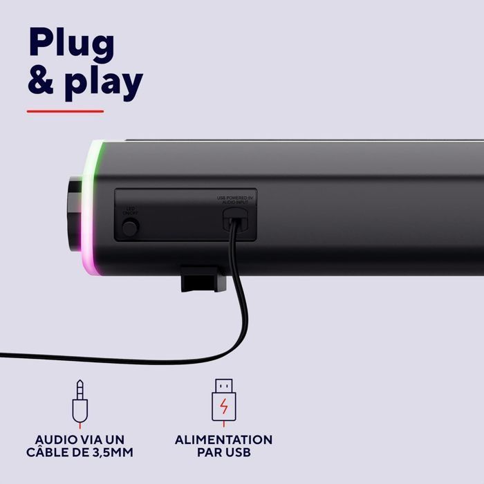 Trust Liro Barre de Son PC 12W, Enceinte PC avec Éclairage LED RGB, Connexion 3.5mm, Alimentation USB, Haut Parleur Compact, Noir