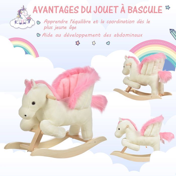 Caballo balancín - HOMCOM - Función musical, silla de montar suave y cómoda de felpa para niños de 18 a 36 meses - Madera - 70x28x57cm - Rosa