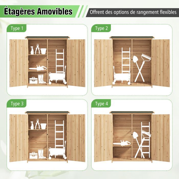 Abri de Jardin Extérieur en Bois Massif 140x51x163 cm COSTWAY-Toit en Asphalte Incliné-Étagères Amovibles et Portes Verrouillables