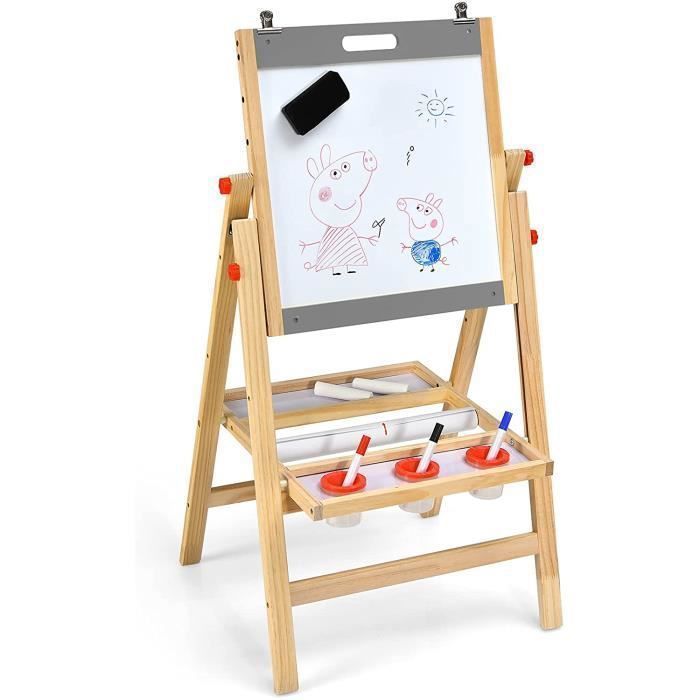 Caballete plegable infantil GOPLUS, pizarra de doble cara en blanco y negro, 5 niveles de altura ajustables, accesorios completos, madera de pino, gris.