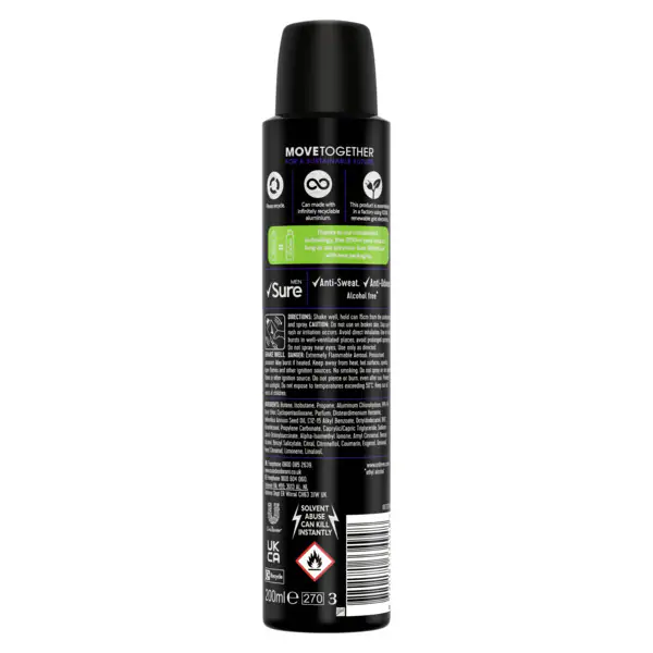 Deodorante antitraspirante Sure Men in formato aerosol con principio attivo essenziale, 200 ml