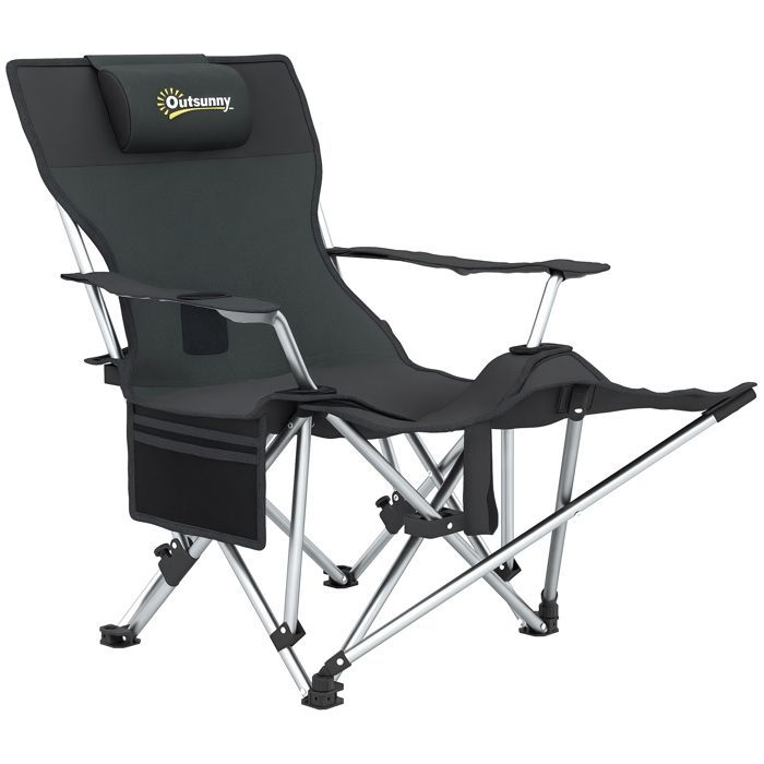 Chaise de camping - Outsunny - pliante - avec repose-pied amovible, appui-tête, porte-gobelet et sac de transport - noir