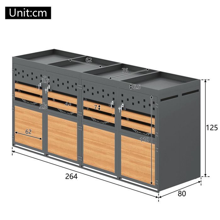 Contenitore esterno per bidoni della spazzatura - 4x120-240L - Acciaio zincato - Tetto piantumabile - Antiruggine