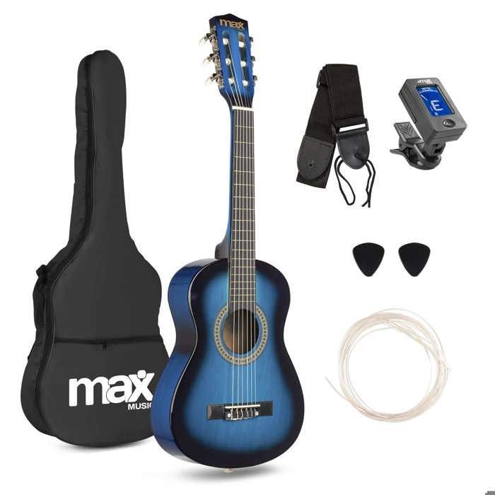 Max SoloArt Junior 1/4 Gitarren-Set – Blau, Nylonsaiten, Alter 4–6 Jahre, Tragetasche, Plektren, Gurt, Gitarrenständer