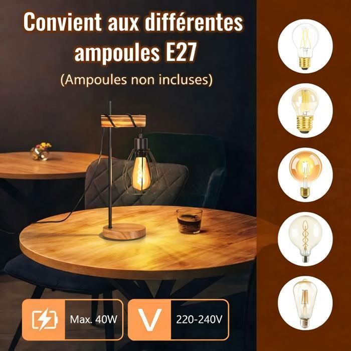 Nettlife Lampe de Table Industrielle Bois & Métal Noir, Cage, pour Salon/Chambre/Bureau/Cuisine
