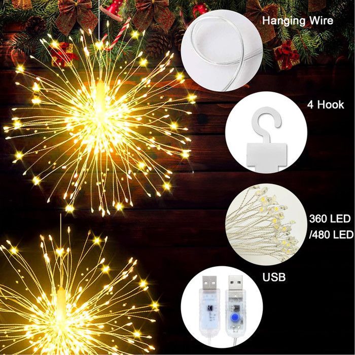 Luci decorative a stringa ROSNEK, 4 pezzi, 120 LED, effetto stella, fuochi d'artificio, 8 modalità, impermeabili, per Natale e esterni.