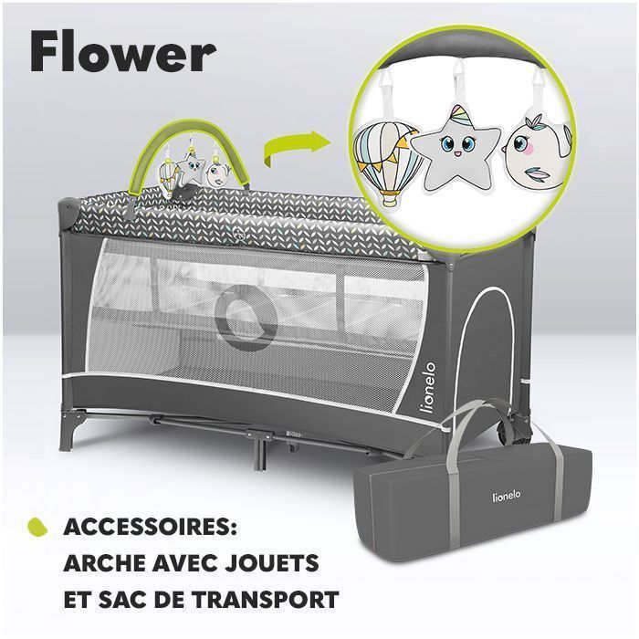 Cuna de viaje compacta 3 en 1 LIONELO Flower - Parque infantil - 0-36 meses - Bolsa de transporte - Plegado rápido - Ruedas - Gris oscuro