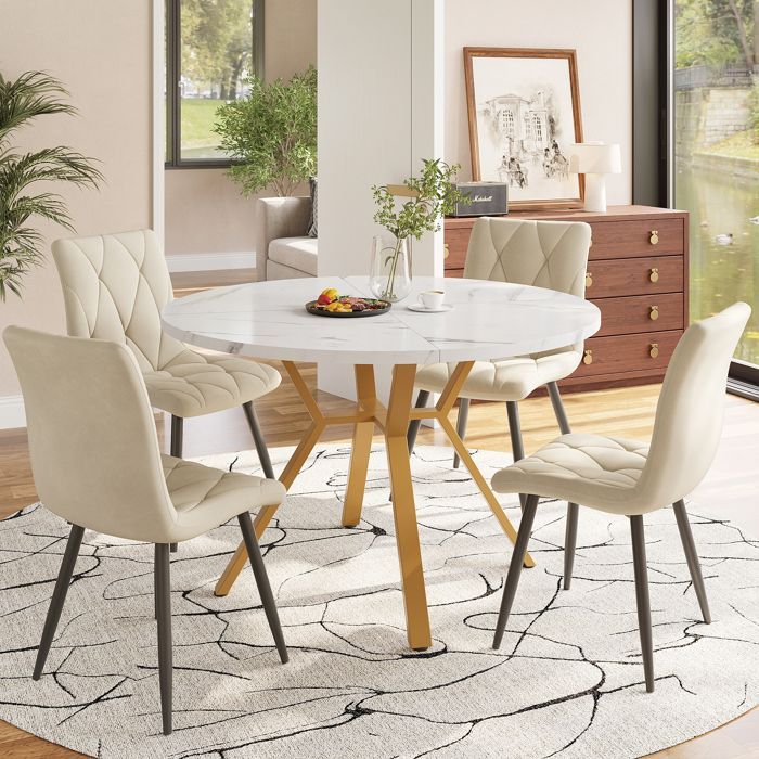 Bord- og stolsett - Gullbein i metall - Spisebord med 4 stoler - Fløyelsstoler - Beige