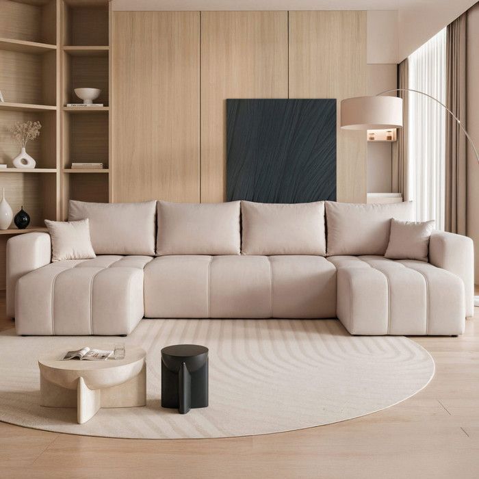 Divano angolare PEDRO - 7 posti - divano trasformabile con contenitore - tessuto in velluto - beige