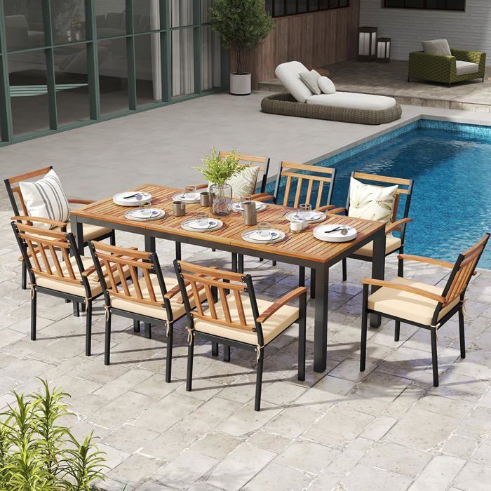 Table à Manger de Jardin - GOPLUS - 8 Personnes - Plateau 200x90CM avec Trou de Parasol en Bois d'Acacia - Charge 75KG - Pied Droit