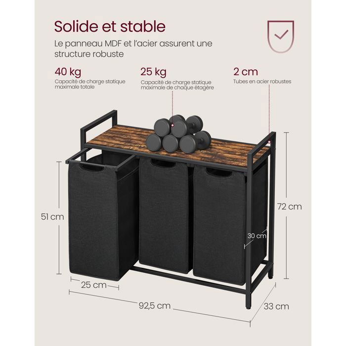VASAGLE Panier à Linge 3 Compartiments, 3 Sacs Amovibles en Tissu Oxford, 3 x 40 L, 92,5 x 33 x 72 cm, Noir et Marron