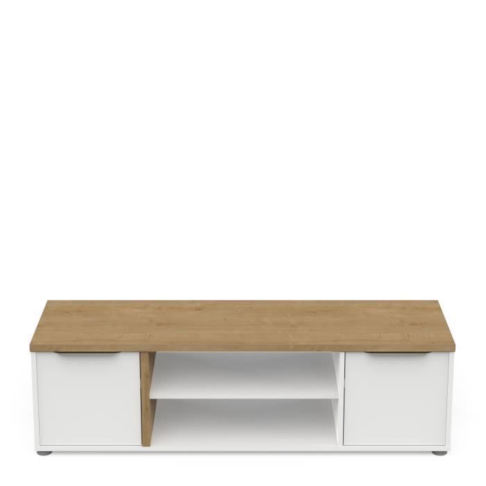 Conjunto de salón ACCESS: Mesa de centro + mueble para TV + aparador de 4 puertas - Acabado en roble Hamilton y blanco