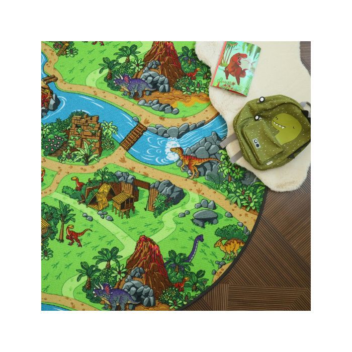 Tapis rond de jeu enfant - Circuit de voiture - Volcans et dinosaures - Ø 200 cm