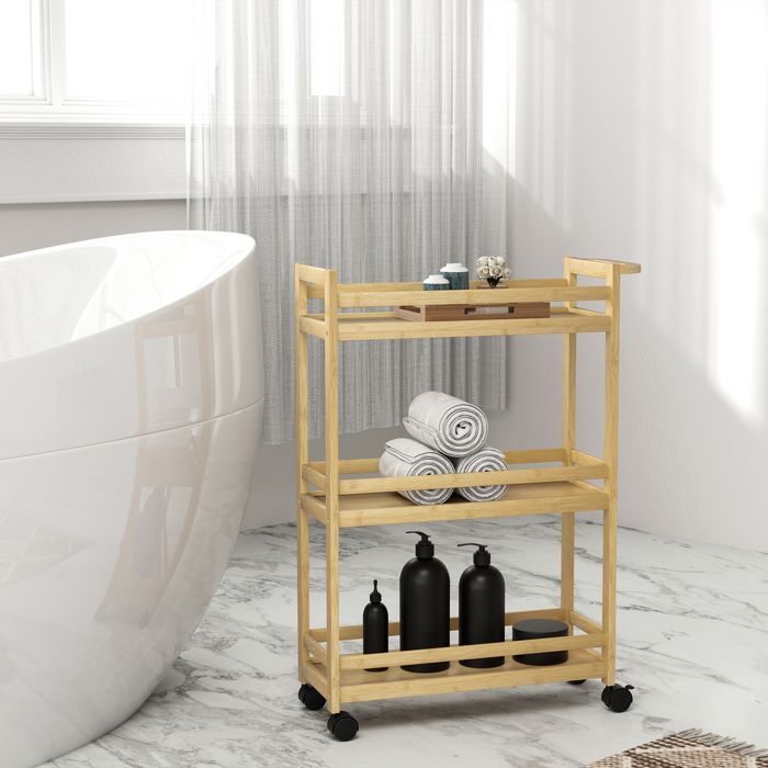 Étagère de rangement de salle de bain - HOMCOM - en bambou à 3 niveaux - avec roulettes pour cuisine, salle de bain, salon - naturel
