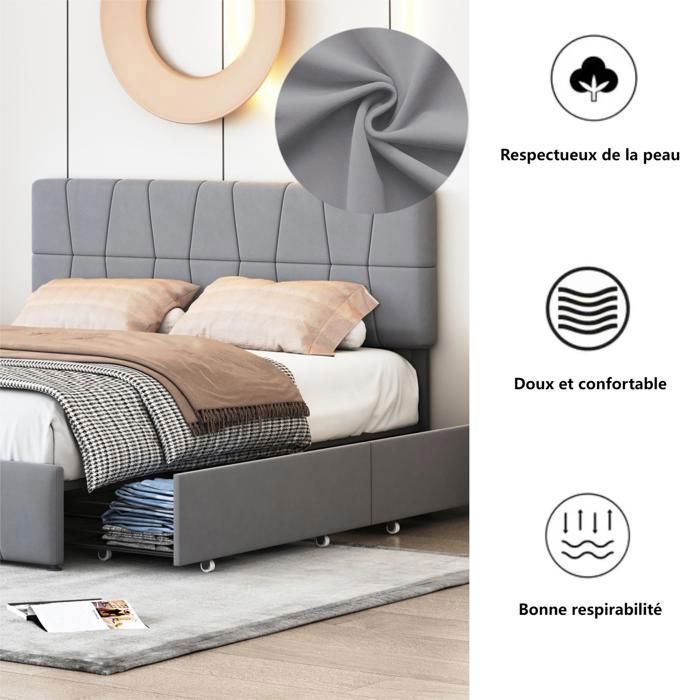 Cama de 160 x 200 cm con cabecero y somier de láminas, cama doble tapizada con almacenamiento, 4 cajones, estructura de cama de 160 x 200 cm con somier de láminas, terciopelo