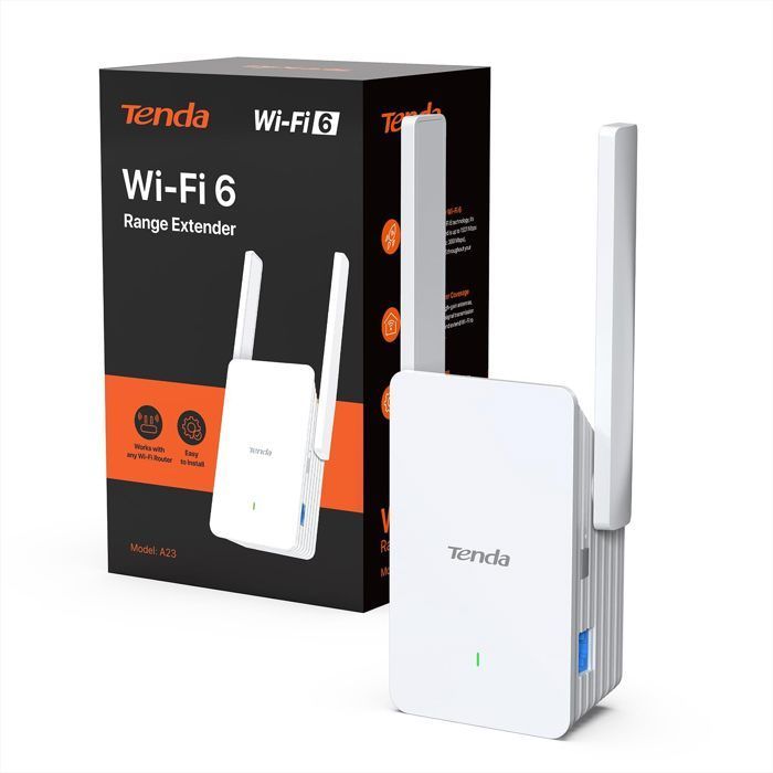 Tenda A23 WiFi 6 AX1500 Ripetitore Dual-Band, Porta Gigabit, 2 antenne da 5 dBi, LED di segnale intelligente, installazione semplice, WPA3