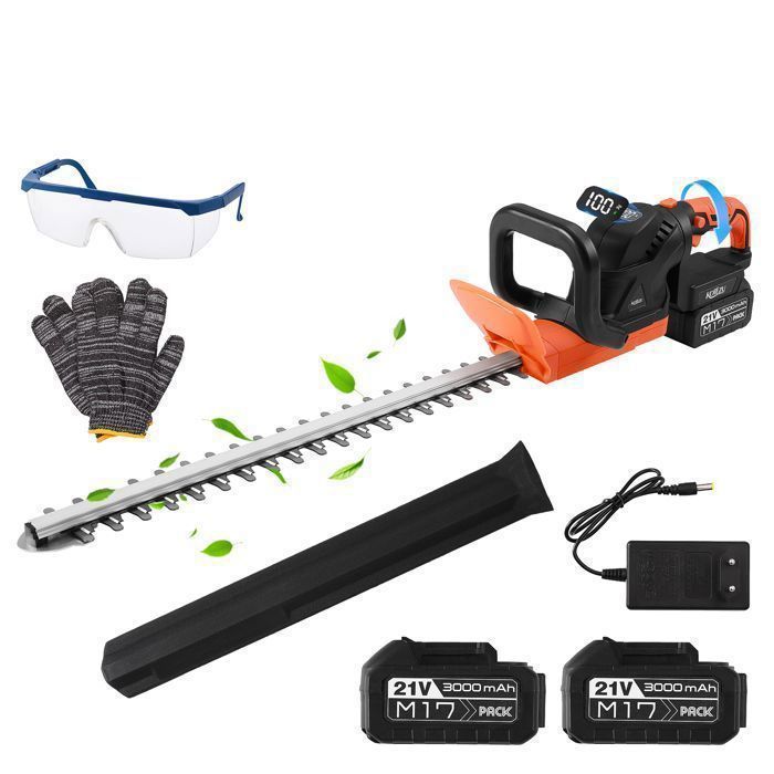 Hedge trimmer with 2 rechargeable 3Ah batteries, 51cm double-edged blade, 15mm blade gap, rotating handle, brushless motor