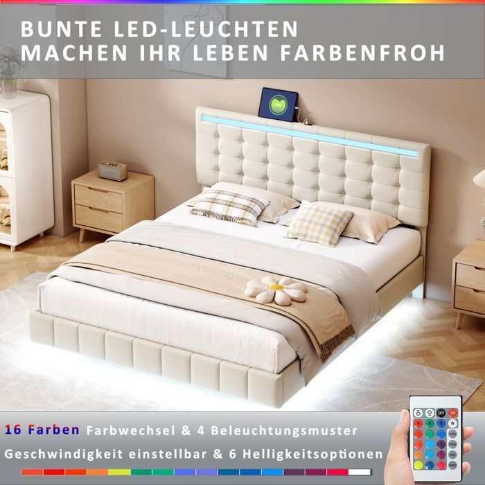 Cama doble tapizada de 160 x 200 cm - LUMINARIX - LED - USB/Tipo C - Estructura flotante - Somier de láminas - Beige - Lino