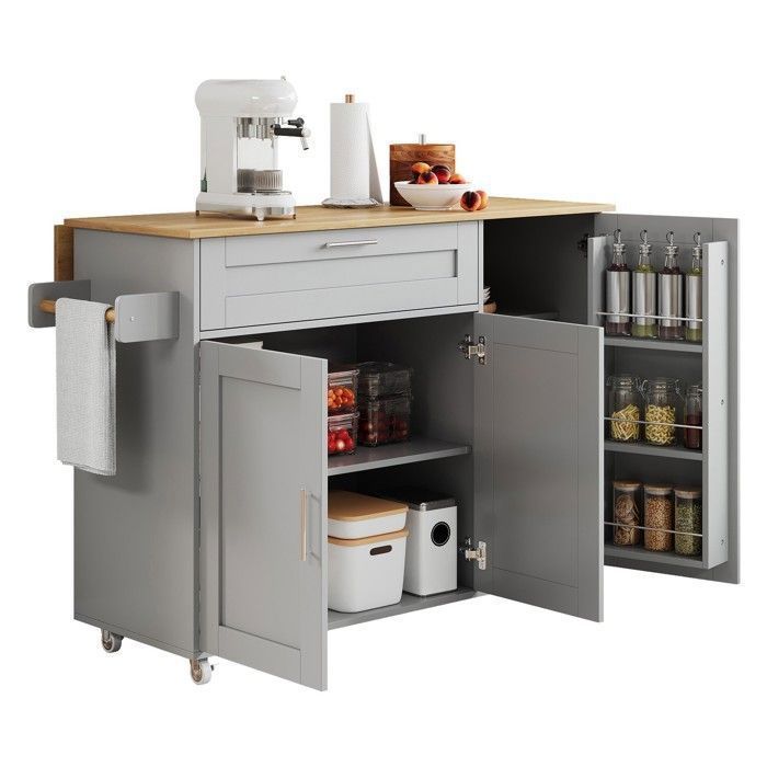 Abrihome Folding Mobile Kitchen Table in Grey Oak, with Spice Rack, Towel Rail and 5 Wheels, 132 x 44 x 90 cm