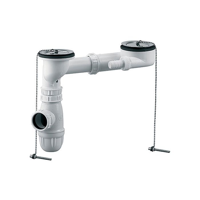 Rousseau - Conjunto de desagüe + accesorio de desagüe - Con rebosadero + sifón para fregadero doble con orificios preperforados - Ø 60 mm - Certificado NF - Blanco