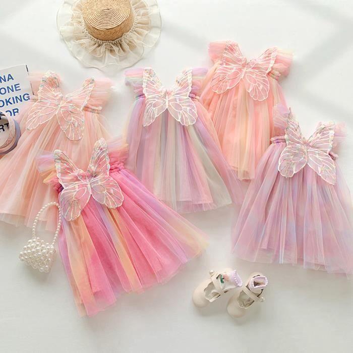 Robe Tutu à bretelles papillon arc-en-ciel colorée pour filles à paillettes Rose1