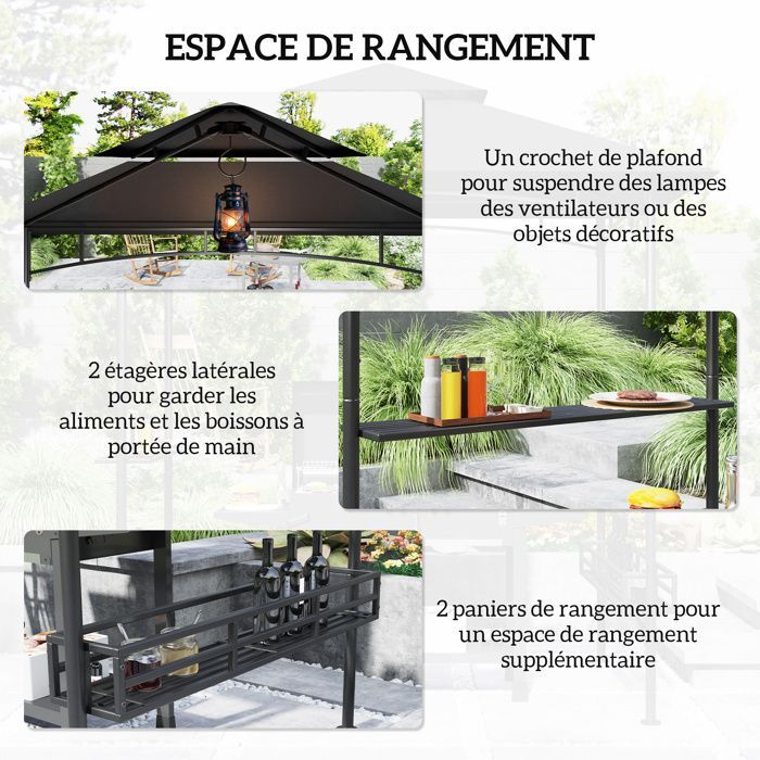 Tonnelle de barbecue - Outsunny - crochet au plafond - étagères et paniers - métal galvanisé 240 x 150 x 257 cm - gris foncé