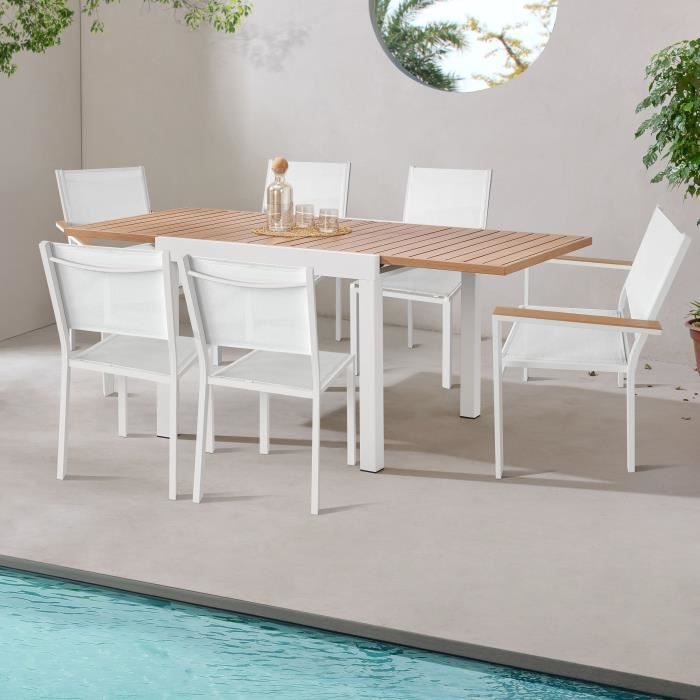 Mesa de jardín extensible CALVI - Rectangular - Tablero de aluminio con efecto madera - Capacidad para 6 personas